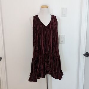 Free People Pleated Plush Swing Mini Dress burgundy red